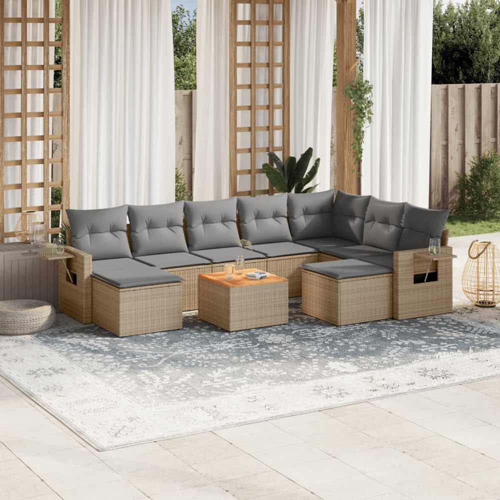Salon de jardin avec coussins 10 pcs beige résine tressée