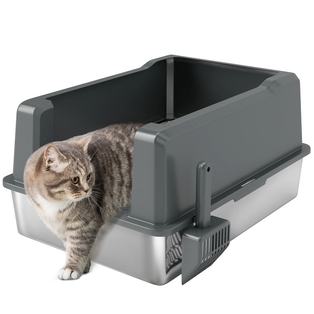 Bac à litière grand volume 85l en acier inoxydable semi-ouvert pour grand chat 71 cm gris
