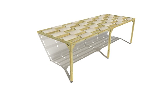 Pergola bois • 8m x 3m • adossée • sens largeur • voilage semi-transparent inclus • livraison comprise