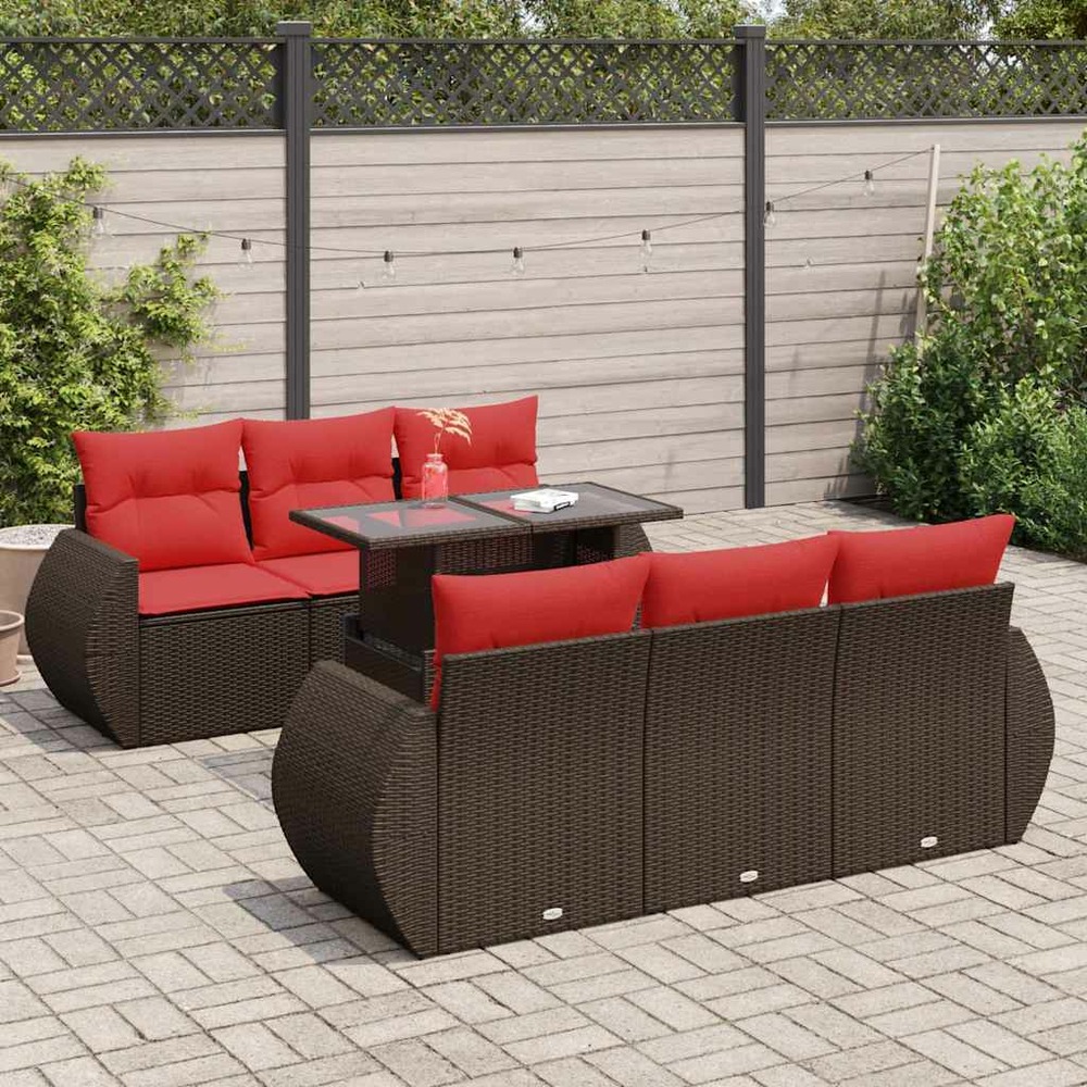 Salon de jardin avec coussins 7pcs marron résine tressée acacia