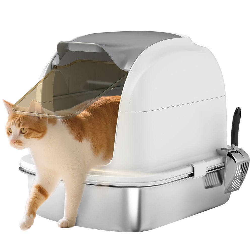 Maison de toilette xl acier inoxydable fermée pour chat avec couvercle abattant et pelle blanc