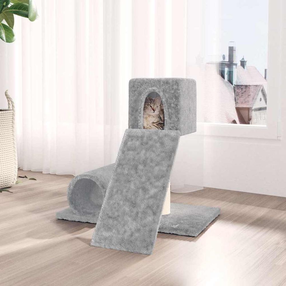 Arbre à chat compact en sisal avec niche et tunnel pour chaton gris clair 59 cm