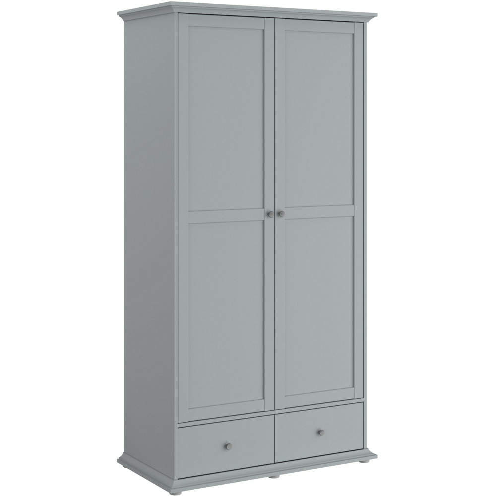 Armoire de chambre - margaux - gris galet- 2 portes + 2 tiroirs - style charme - l104 x p53 x h202 cm