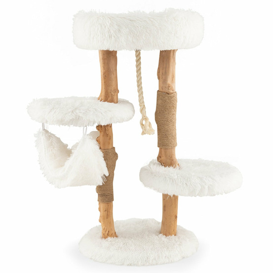Arbre à chat en bois 87 cm avec hamac plusieurs plateformes tour à chat avec coussin moelleux corde en sisal suspendue blanc