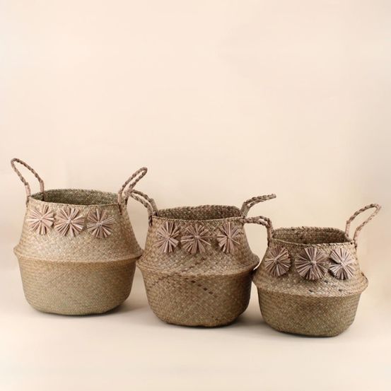 Set de 3 paniers en fibres naturelles avec pompons