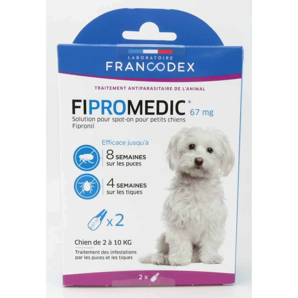 2 pipettes fipromedic 67 mg  antiparasitaire pour petits chiens de 2 kg à 1