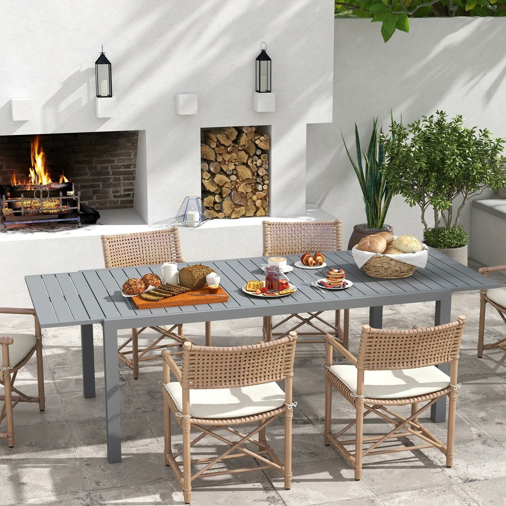 Table de jardin extensible en aluminium rectangulaire 6 - 8 personnes, dim. 180/240l x 94l x 73h cm, gris