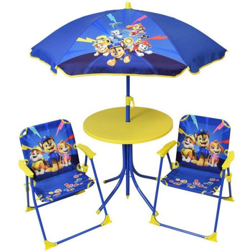Salon de jardin pat'patrouille - 1 table 46 x ø46 cm, 2 chaises 53 x l.38,5 x p.37,5 cm et 1 parasol h.125 x ø100 cm