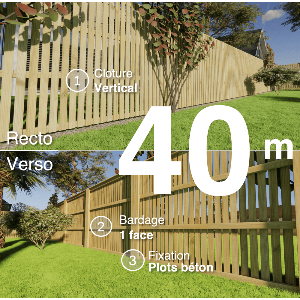 Kit clôture bois moderne 40m – h 1,9m – 20 x 60 mm autoclave vert – pose vertical – simple face – à sceller