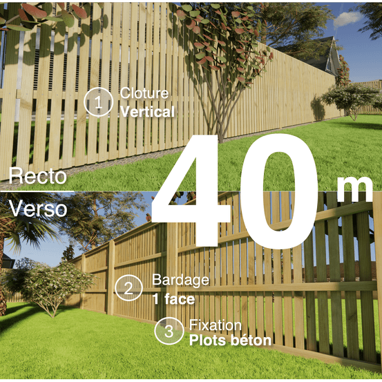 Kit clôture bois moderne 40m – h 1,9m – 20 x 60 mm autoclave vert – pose vertical – simple face – à sceller