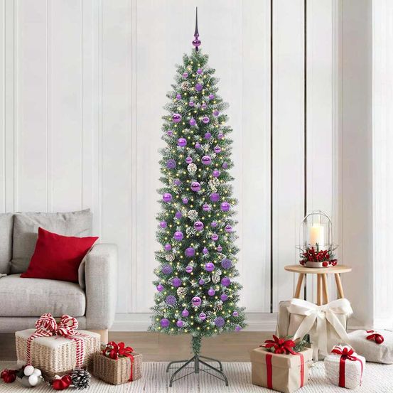 Sapin floconné lumineux forme crayon 210 cm, 300 led et kit déco complet