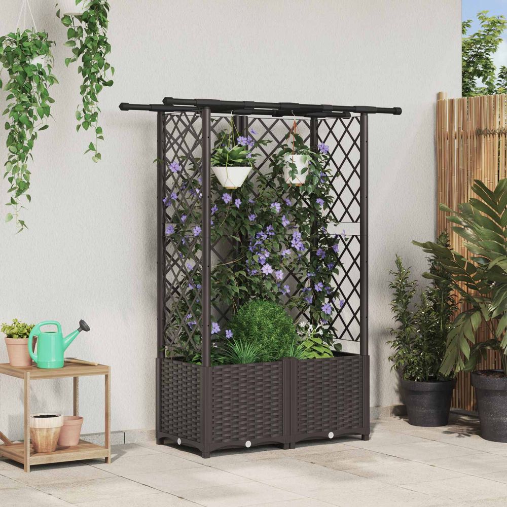Jardinière surélevée pp pour balcon treillis intégré 124x40x136cm marron