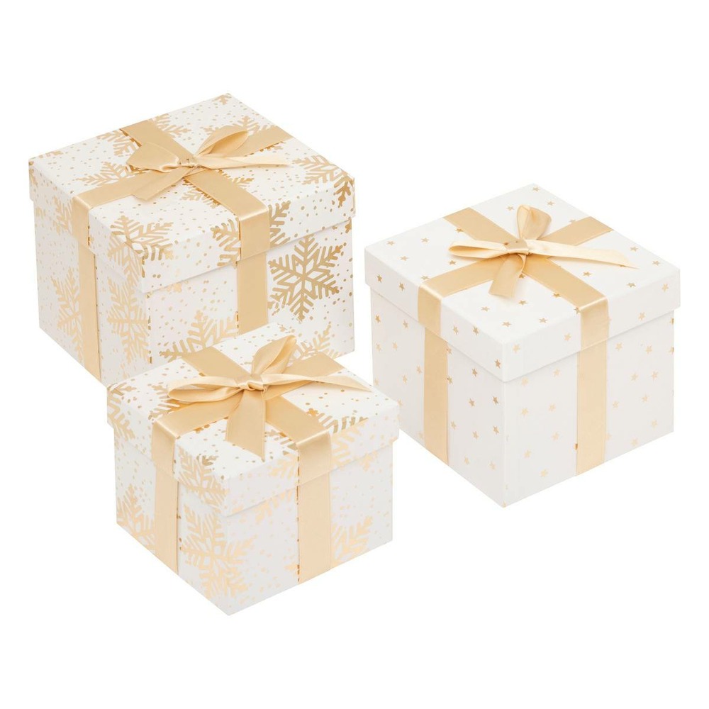 Lot de 3 boîtes cadeau carrées imprimées flocons étoiles dorés blanc
