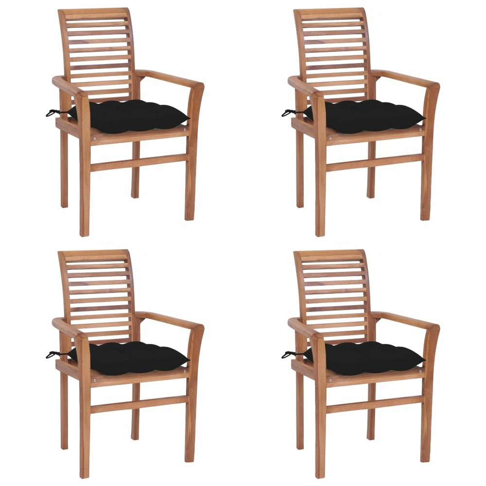 Chaises à dîner 4 pcs avec coussins noir bois de teck solide