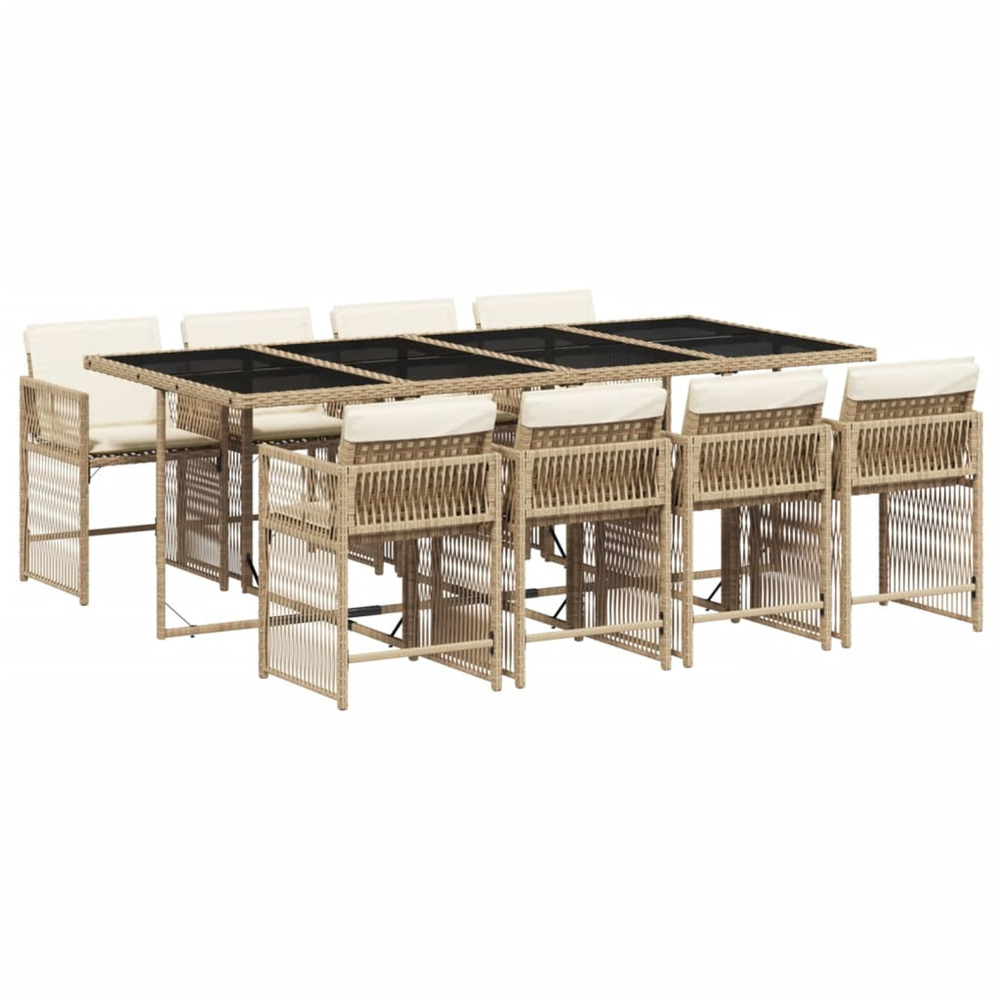 Ensemble à manger de jardin et coussins 9 pcs beige poly rotin