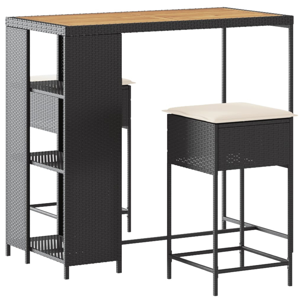 Ensemble de bar de jardin 3 pcs avec coussins noir poly rotin