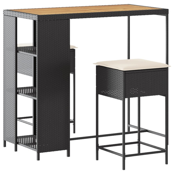 Ensemble de bar de jardin 3 pcs avec coussins noir poly rotin