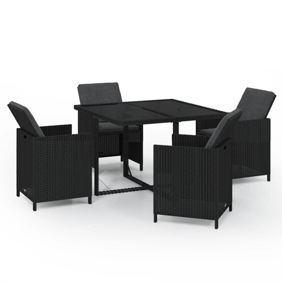 Ensemble à dîner de jardin avec coussins 5 pcs poly rotin noir