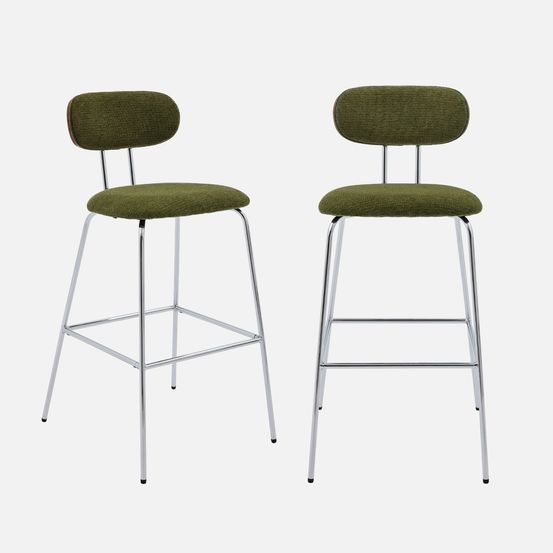 2 tabourets de bar décor bois courbé teinté noyer et tissu déperlant, pieds métal chromé - l 44 x p 51 x h 103cm - erin