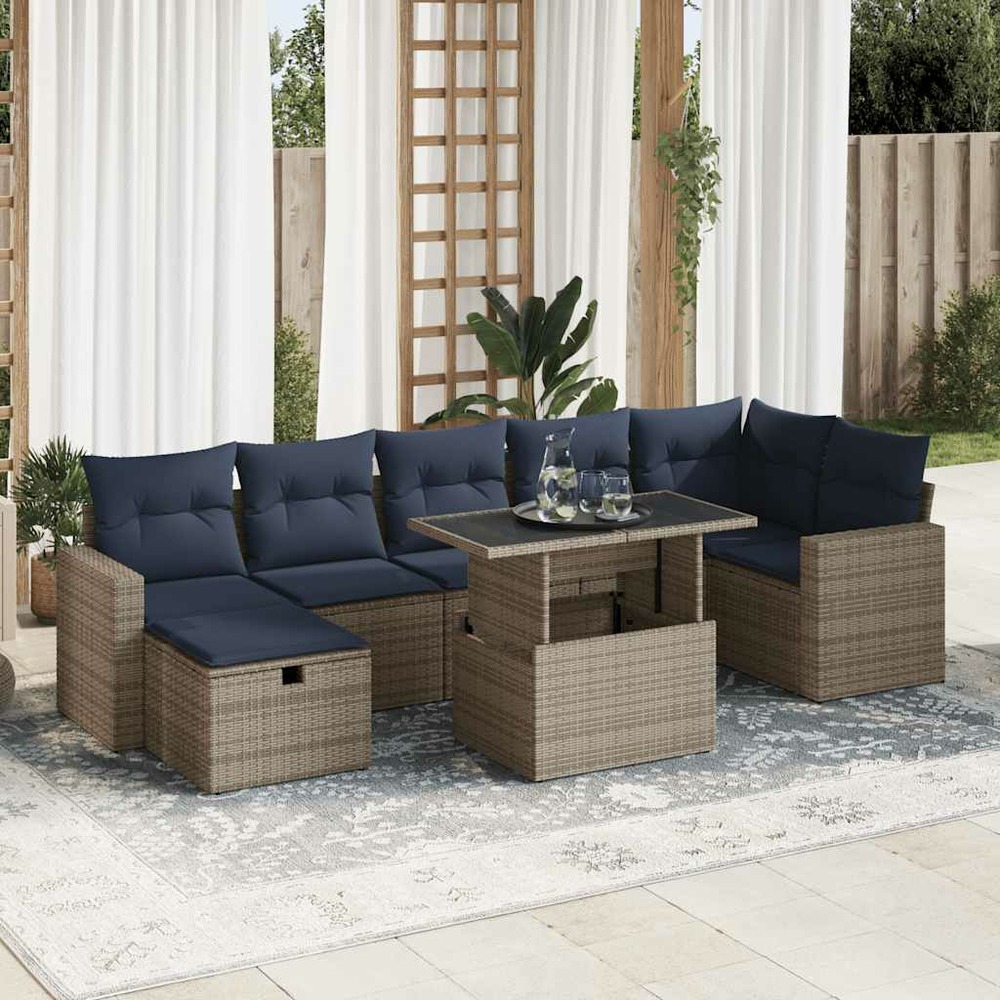 Salon de jardin 8pcs avec coussins gris résine tressée acacia