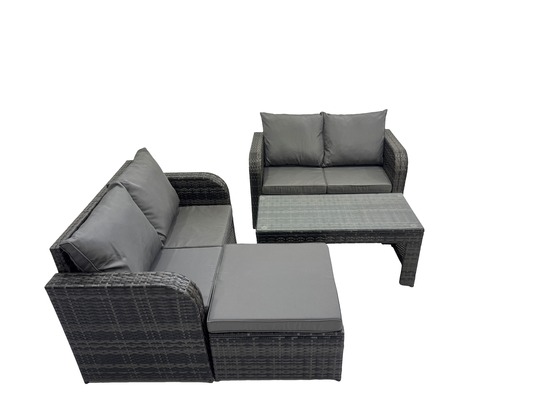 Dossier haut salon de jardin avec canapé d'amour table basse rectangulaire grand tabouret gris foncé mixte