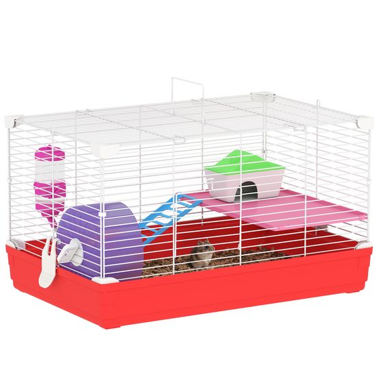 Petite cage métal plastique pour hamster kit complet 47x30x27cm blanc rouge