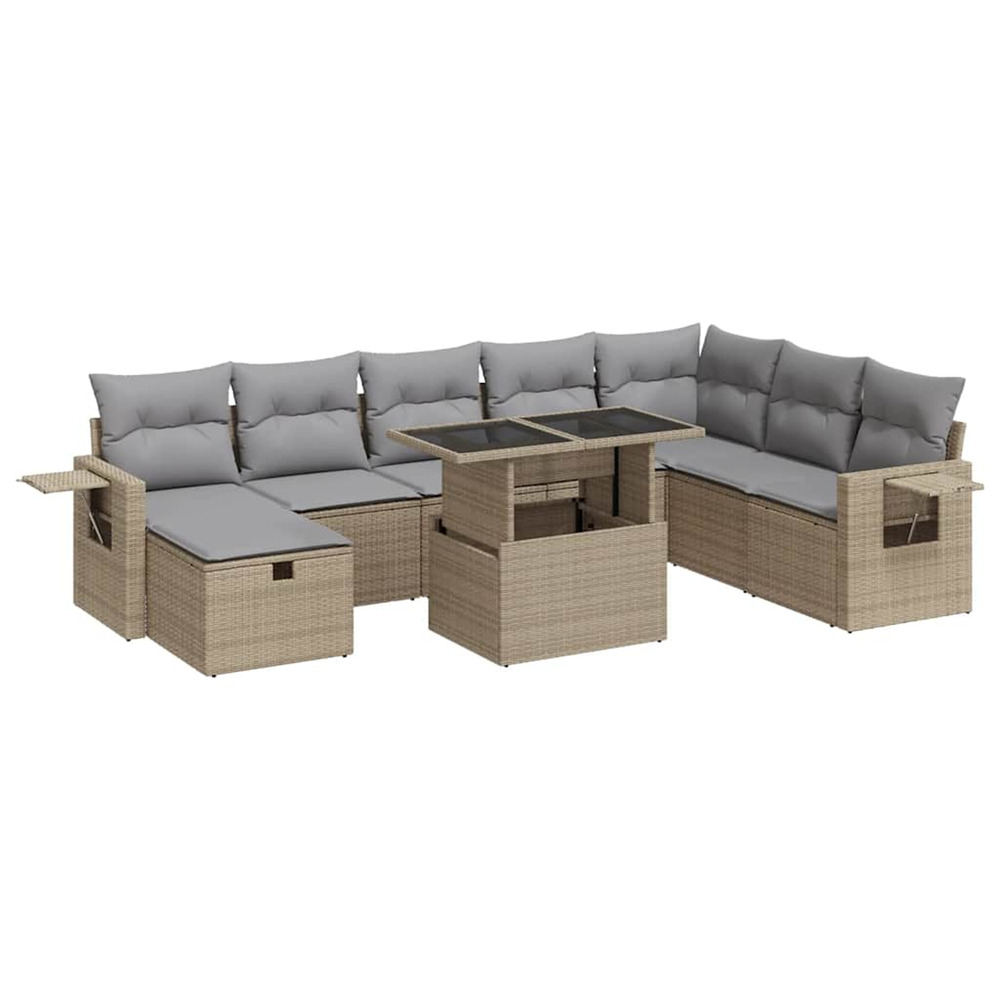 Salon de jardin avec coussins 9 pcs beige résine tressée