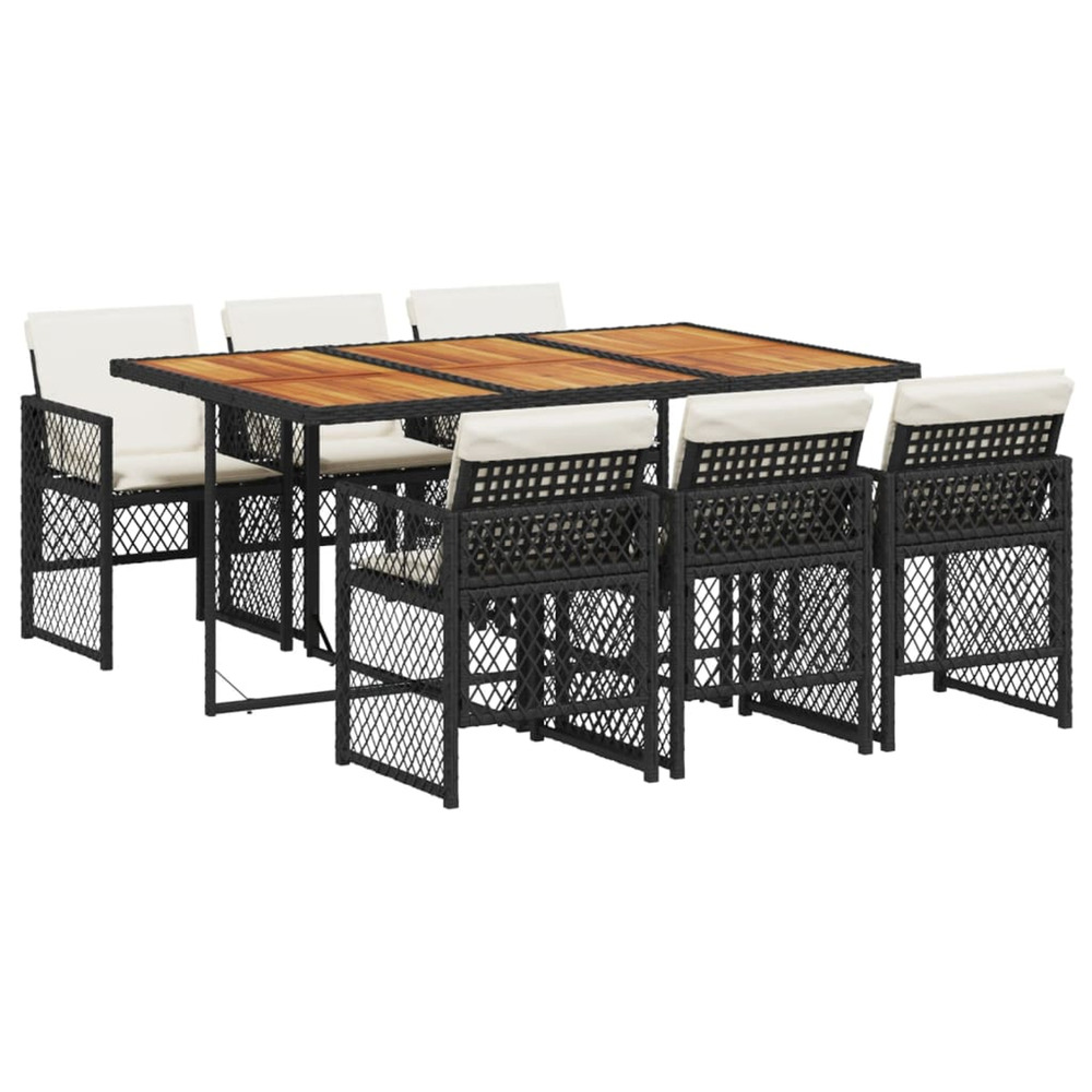 Ensemble à manger de jardin coussins 7 pcs noir résine tressée