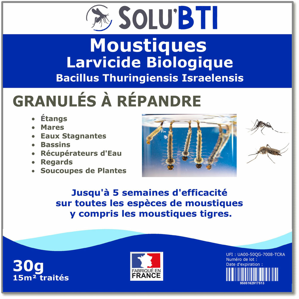 Solu'bti - granulés larvicides anti-moustiques - sachet de 30 g de larvicide biologique