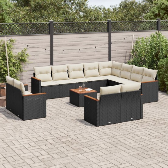 Salon de jardin avec coussins 13 pcs noir résine tressée