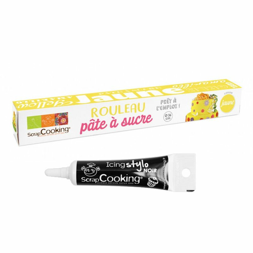 Pâte à sucre en rouleau jaune ø 36 cm + stylo de glaçage noir