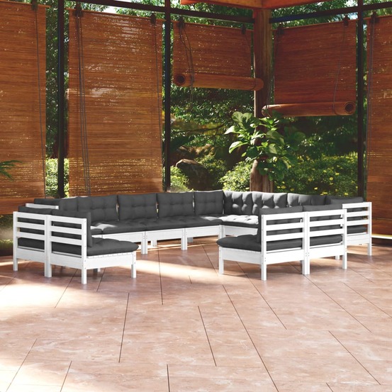 Salon de jardin 12 pcs avec coussins blanc bois de pin solide