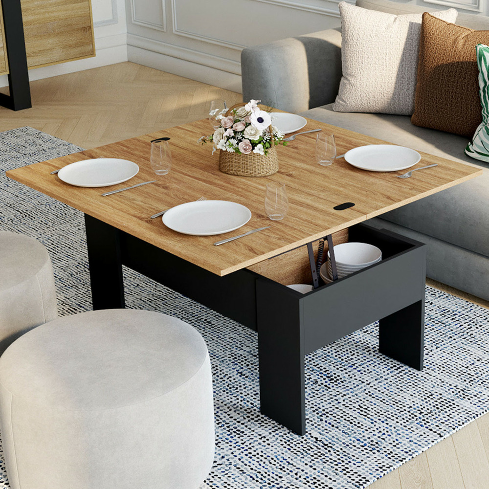 Table basse plateau relevable rectangulaire convertible en table à manger tara 100 cm bois noir et imitation hêtre