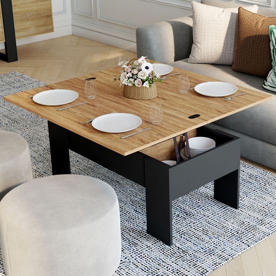 Table basse plateau relevable rectangulaire convertible en table à manger tara 100 cm bois noir et imitation hêtre