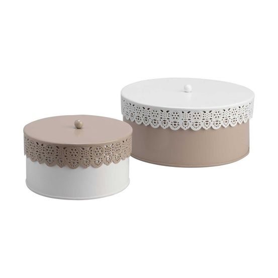Set 2 boites motif dentelles blanc/taupe
