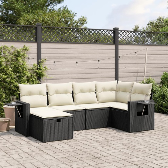 Salon de jardin 6 pcs avec coussins noir résine tressée