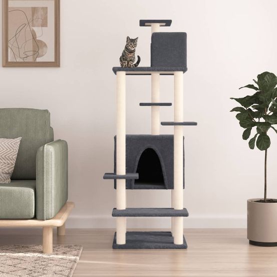 Très grand arbre à chat 154 cm avec 2 niches griffoirs sisal gris foncé