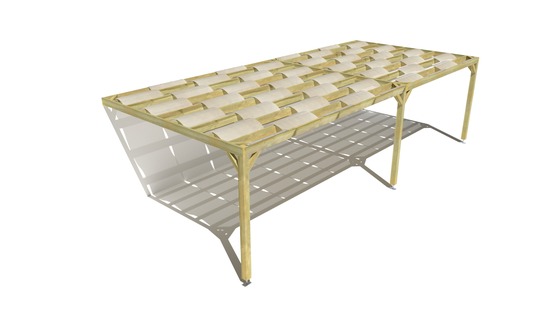Pergola bois • 9m x 4m • adossée • sens largeur • voilage semi-transparent inclus • livraison comprise