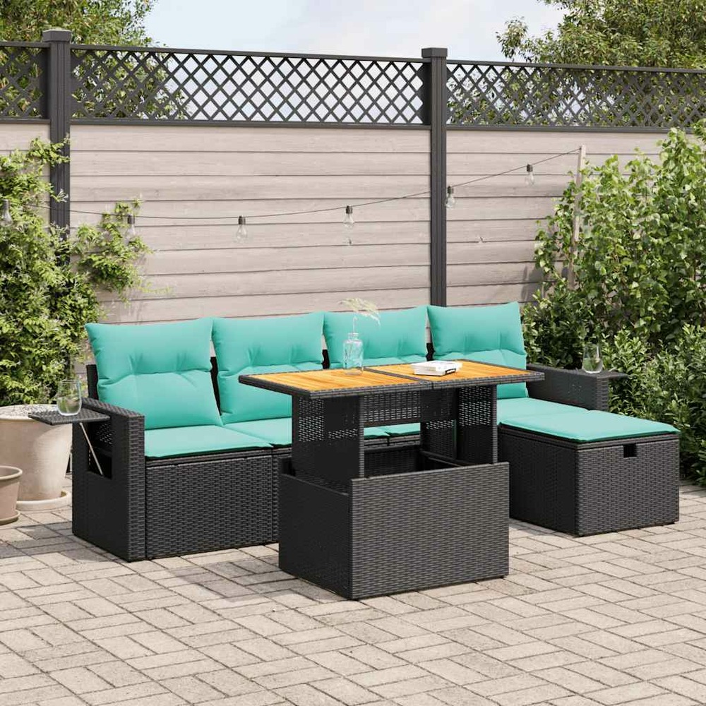 Salon de jardin 6 pcs avec coussins noir résine tressée acacia