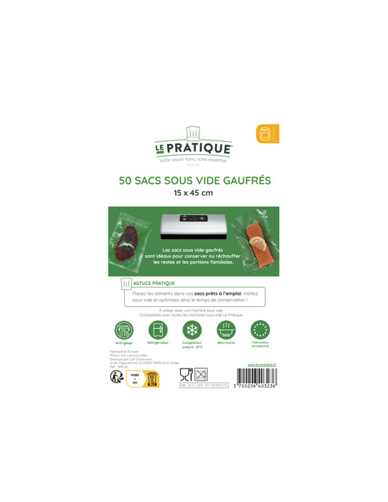 Sacs sous vide gaufres 15 x 45 cm - poche de 50 sacs - le pratique