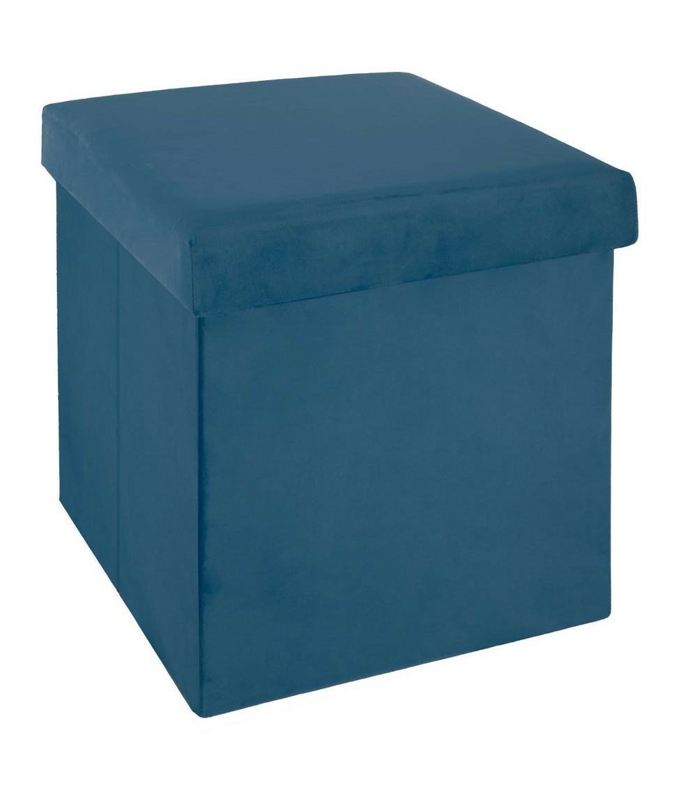 2 en 1 pouf pliant et coffre de rangement velours bleu 38 x 38 cm