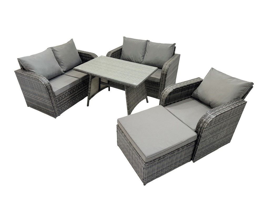 Ensemble de meubles de jardin en rotin avec table à manger fauteuil canapé d'amour grand tabouret gris foncé mixte