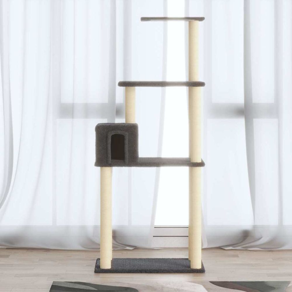 Arbre à chat multi-niveaux 147 cm avec niche, poteaux griffoirs en sisal et peluche douce gris foncé