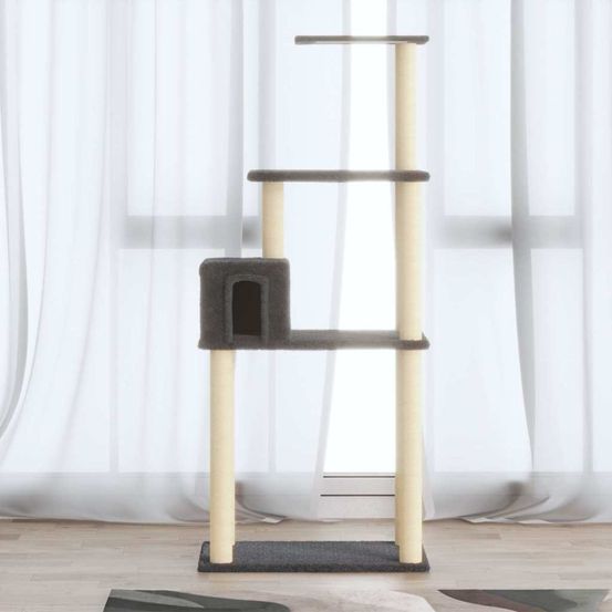 Arbre à chat multi-niveaux 147 cm avec niche, poteaux griffoirs en sisal et peluche douce gris foncé