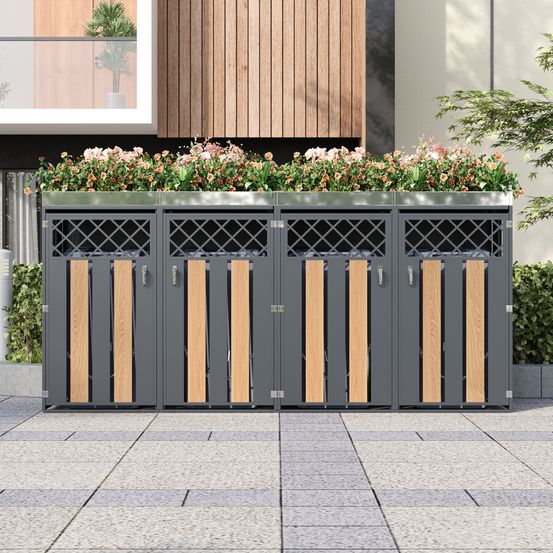 Cache-poubelle 4 portes acier galvanisé extérieur avec bac à plantes gris bois - comfortxl outdoor living