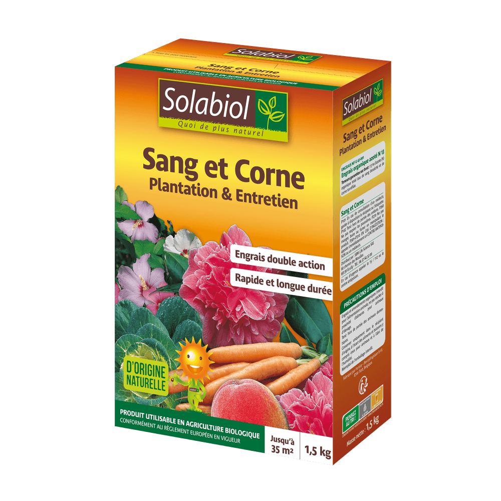 Solabiol engrais sang et corne - 1,5kg - jusqu'à 35m² - effet rapide (sang) & longue durée (corne) - facile a épandre