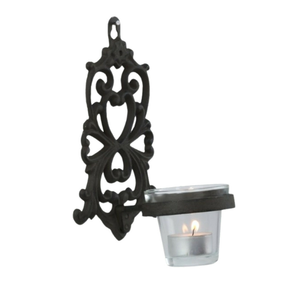 Photophore bougie bougeoir mural fonte verre marron 19x13.5cm