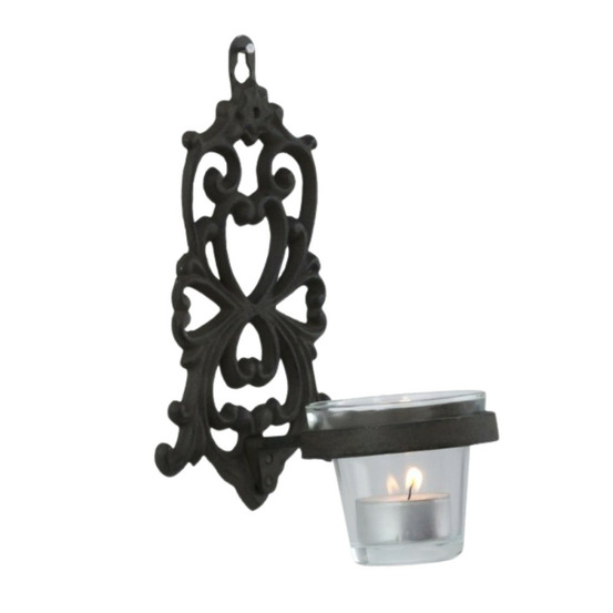 Photophore bougie bougeoir mural fonte verre marron 19x13.5cm