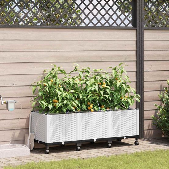 Lot 3 jardinières pp jardin avec irrigation et roues 120x40x43cm blanc