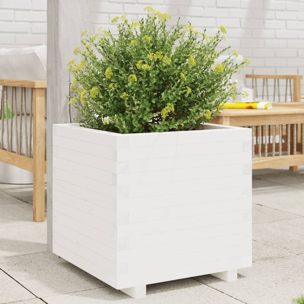 Grand bac à fleurs carré en bois de pin massif blanc 60x60cm jardin